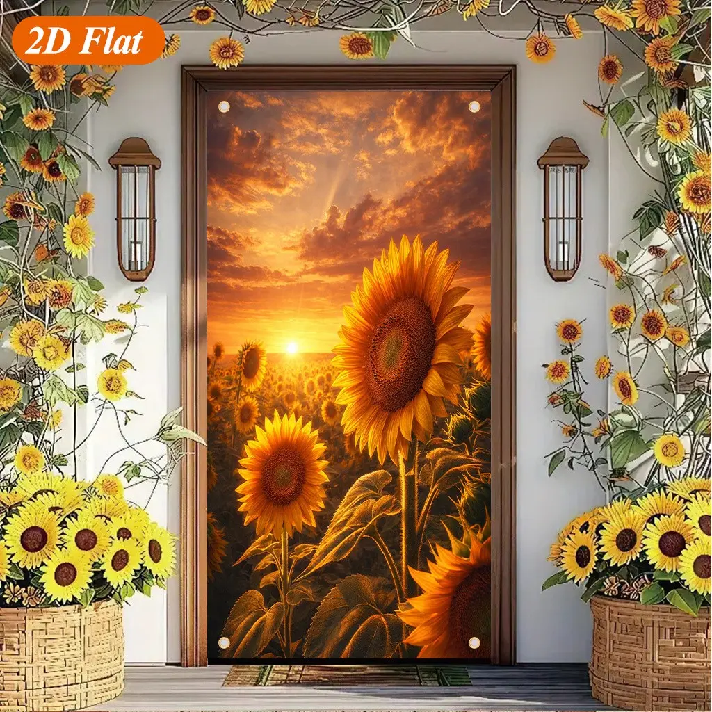 2D Flat Banner Sunflower Field Sunrise, Polyester Material, Modern Decor for Bedroom, Office, Kitchen, Living Room, Party Entrance Decoration, Home Party Decorations