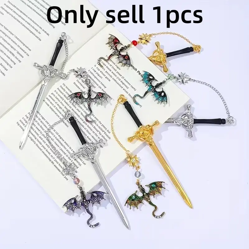 Vintage Sword Dragon Metal Bookmark, Gothic Fantasy Pendant with Gemstone, Creative Reading Accessory, Perfect Gift for Book Lovers