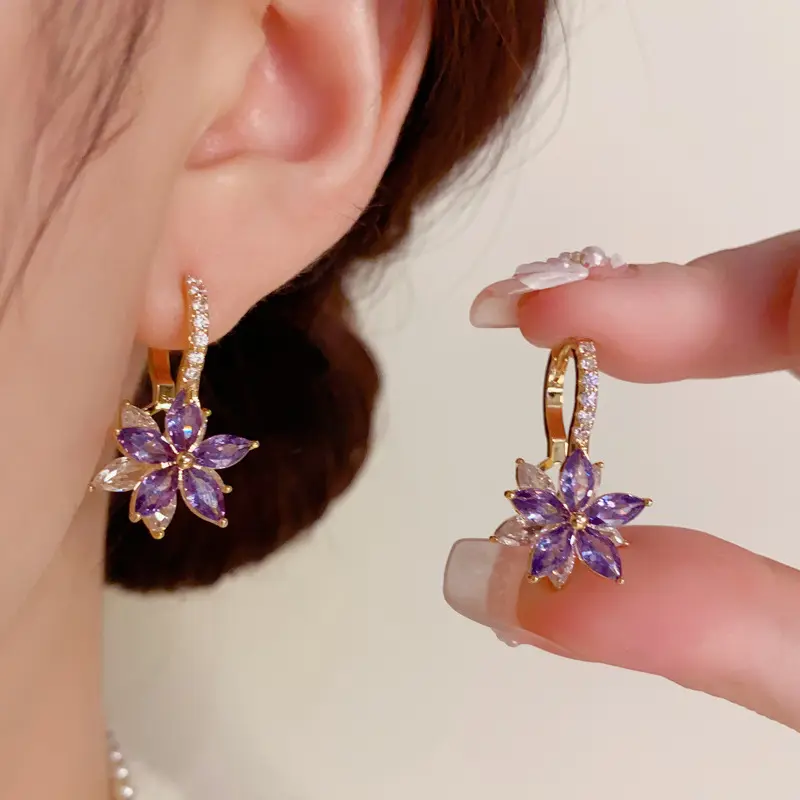 Female Metal Korean-Style Simple Versatile Fresh Purple Zircon Flower Earrings - Light Luxury High-End Unique Feel for Adults Casual Wear E50252-EH, Glamorous Artificial Gemstone Earrings