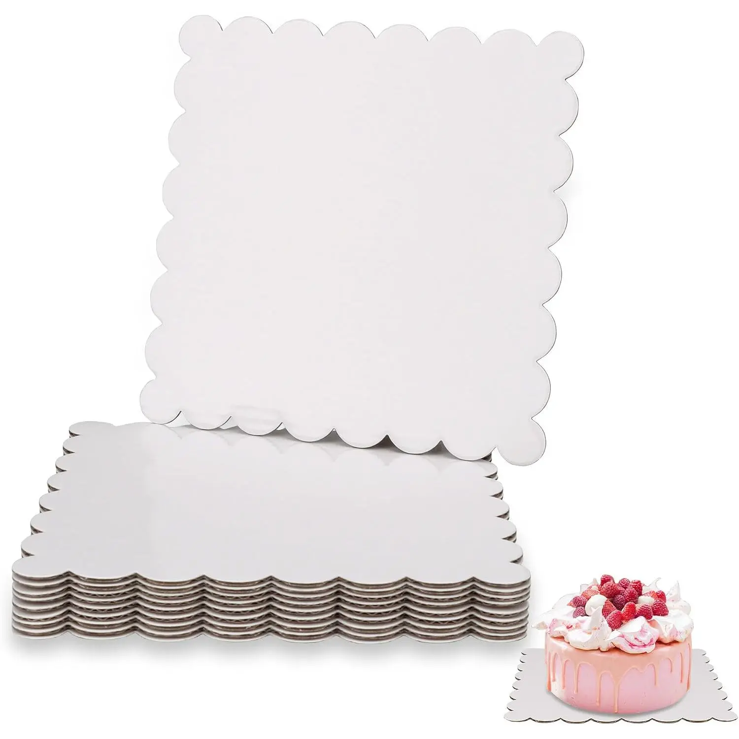 Square Cake Boards with Scalloped ,  Study Corrugated Cardboard Cake Base, 10 Pack Cake Boards for Baking, Cake Decorating & Dessert Display 6 inch White