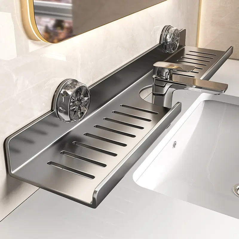 50cm Rustproof Luxury Kitchen and Bathroom Sink Holder, Modern Metal Suction Cup Rack, Wall-Mounted Organizer, No Drilling Needed