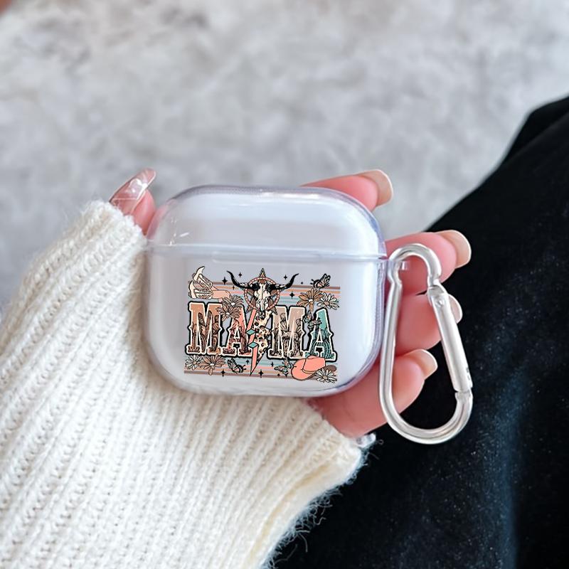 Western MAMA Pattern TPU Soft Protective Case for Apple AirPods 4/3/2/1/Pro/Pro2 Transparent Earphone Cover with Keychain Attachment