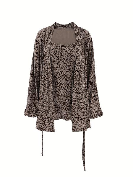 Leopard Print Knit Pleated Belt Jacket Cami Shorts Set, Casual Home Wear Three-Piece, Stylish Women's Clothing Collection