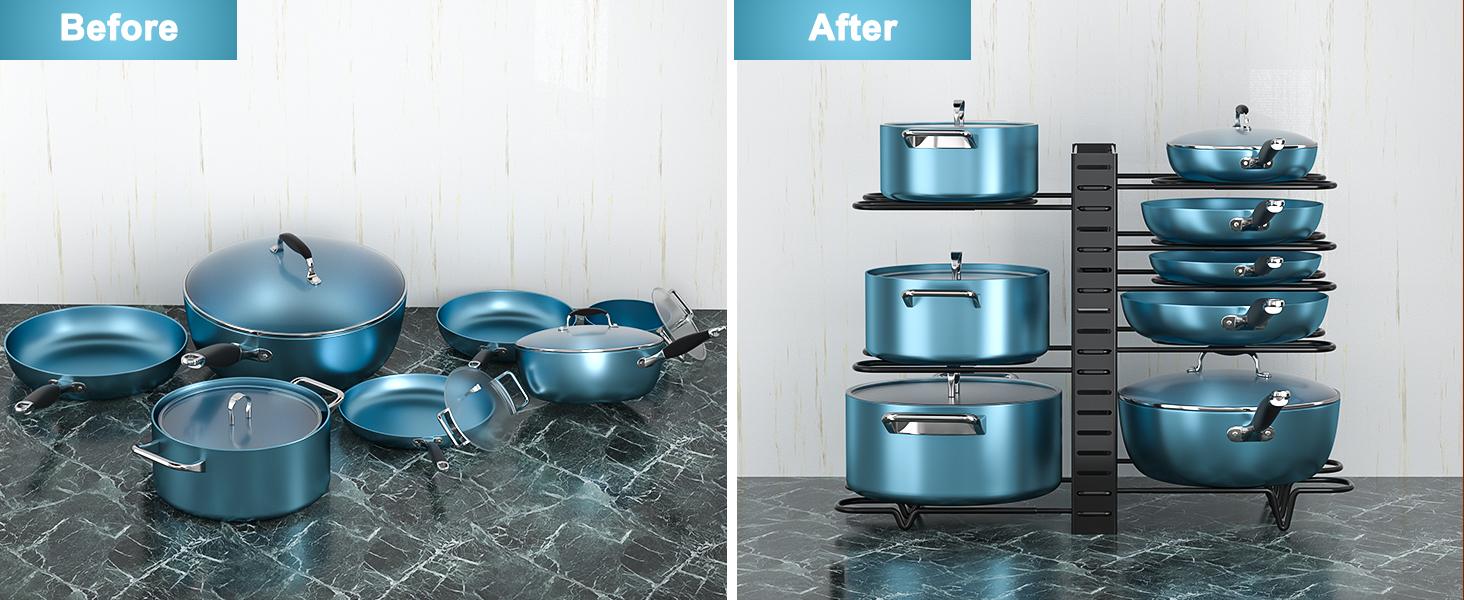 Pots and Pans Organizer for Cabinet 16.61 Height, 8 Tier Pot Organizers Rack with 3 DIY Methods, Adjustable Pan Organizer under Cabinet Kitchen Organization and Storage