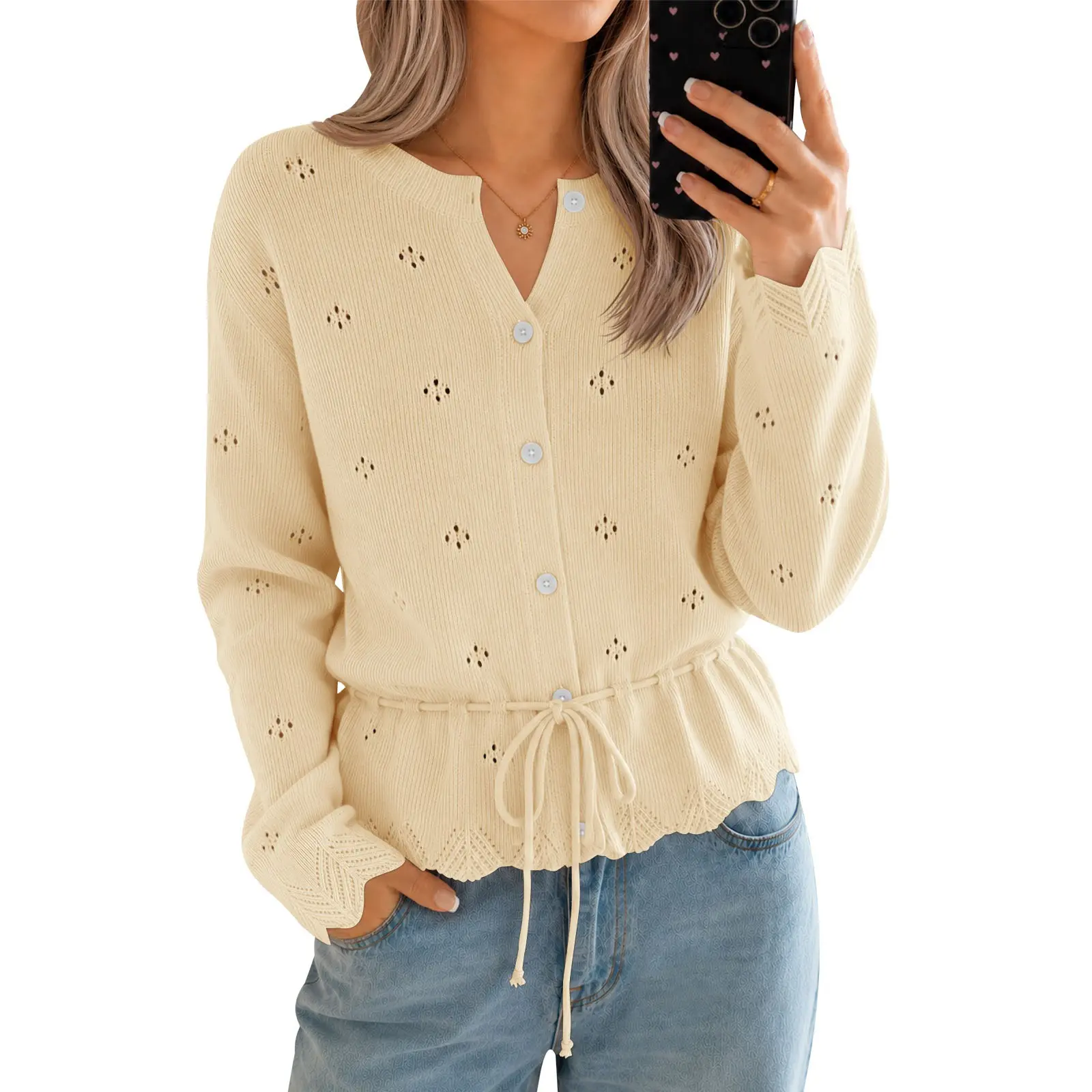 Saodimallsu Women's Long Sleeve Crochet Cardigan - Button-Down, Drawstring Bow Tie Front, Scalloped Hem Plain Knit Poly Blend Long Length Tops, Machine Washable, Knitwear, Basic