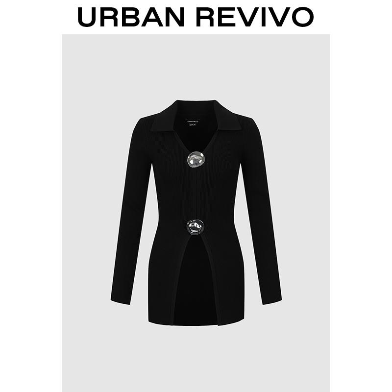 URBAN REVIVO Fluid Metal Buttons Skinny Knitted Cardigan for Women  UWJ940035 Casual Outfit 2025 Women Clothing Girl Elegant Fashion Trendy and Versatile OOTD