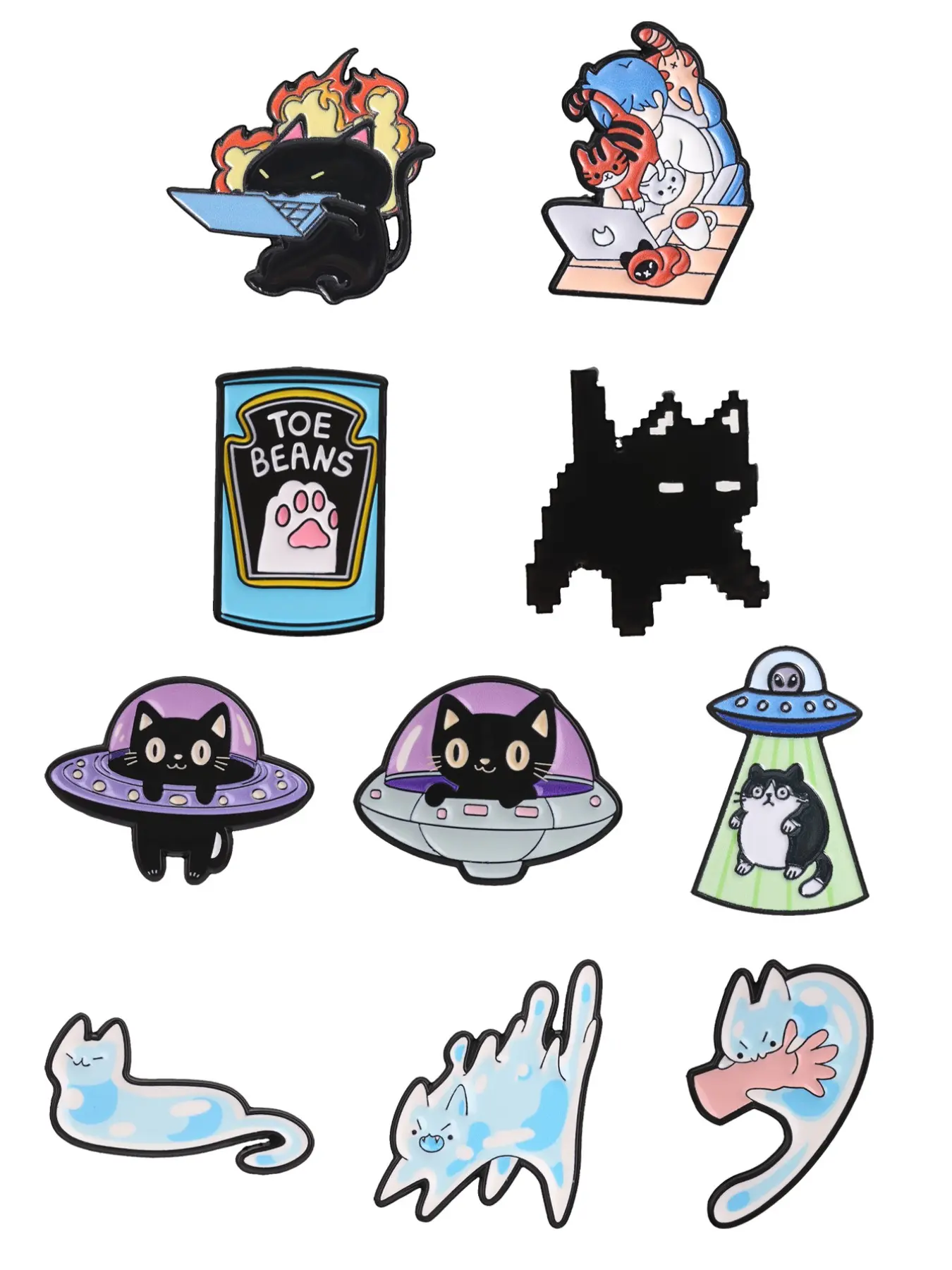 Funny Cat Enamel Pin Set, Ufo Alien Spaceship Pixel Cat Metal Brooch, Pet Lover Novelty Accessory, Unique Gift Idea, Alloy Brooch Pin