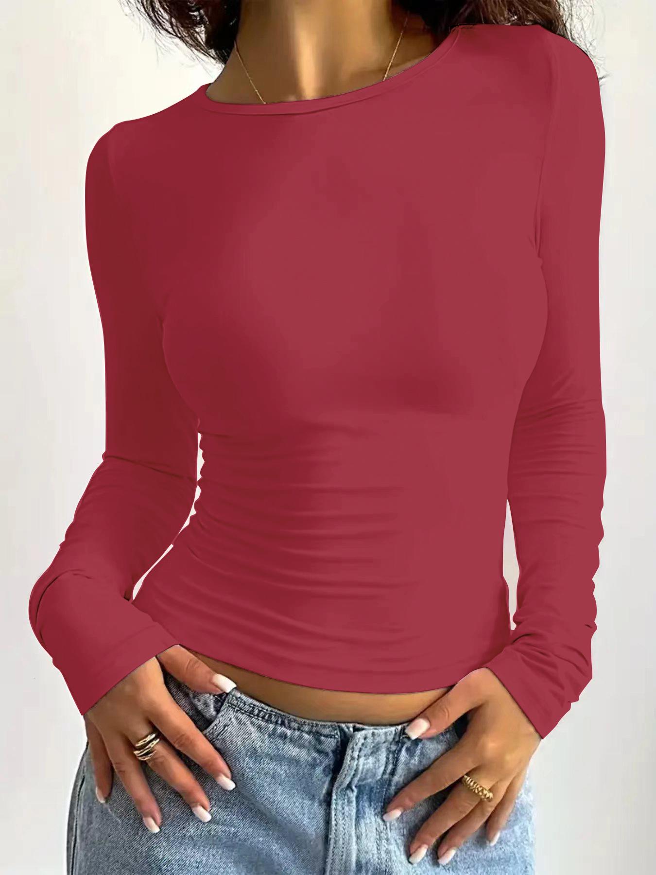 Women's Plain Round Neck Long Sleeve Tee, Casual Solid Crew Neck Fit T-Shirt for Spring & Fall, Fashion Women's Top for Daily Wear, Tops for Women