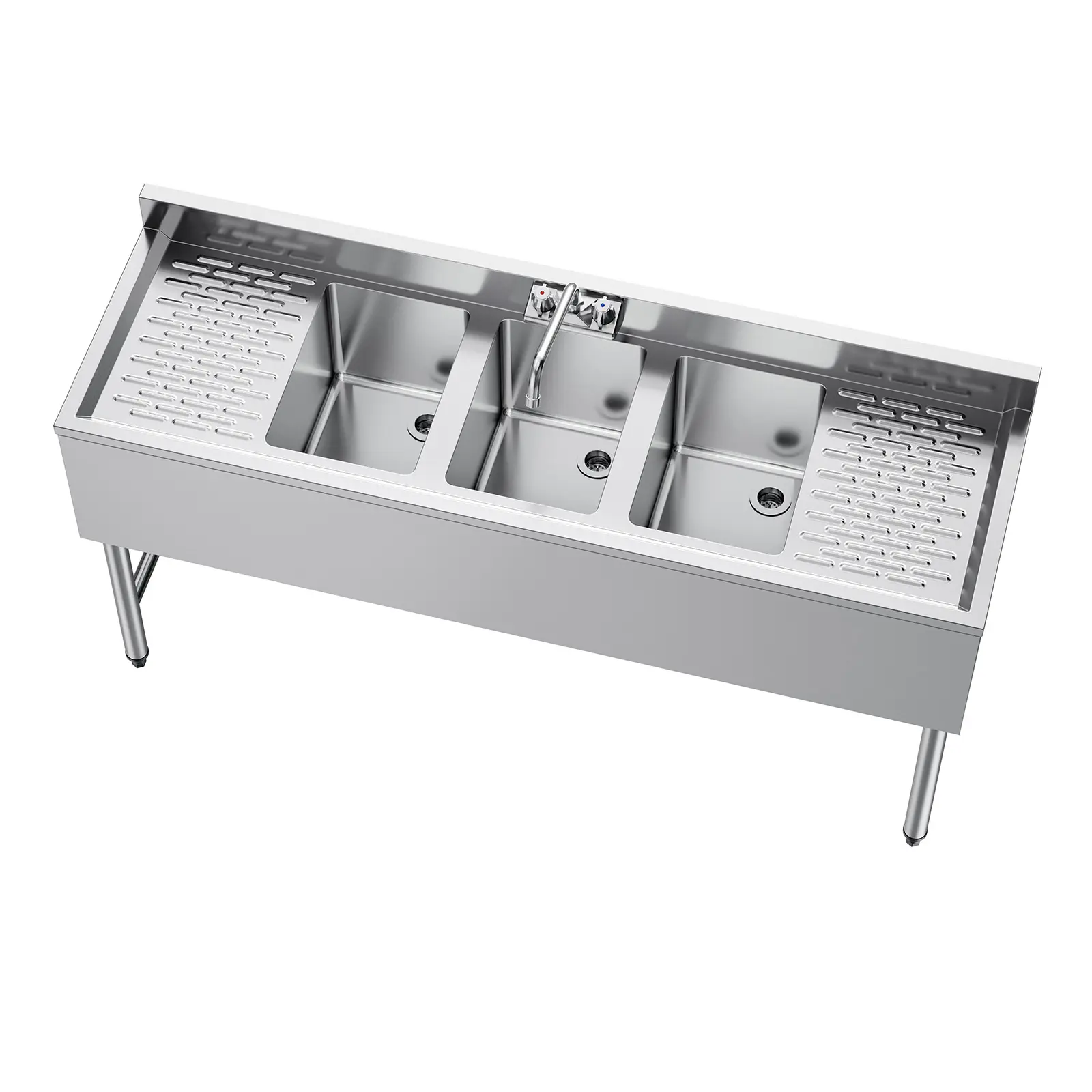 3 Compartment Sink, 304 Stainless Steel Construction, Triple Sink with Dual Drainboards, Included Commercial Water Outlet