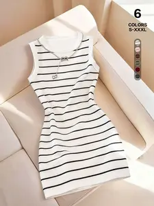 2026 Spring Summer New Arrival Women's Crew Neck Sleeveless Striped Bodycon Mini Dress, Contrast Stripe Slim Fit Pencil Short Dress, Soft Stretchy Knit Casual Tank Dress for Daily Streetwear Vacation