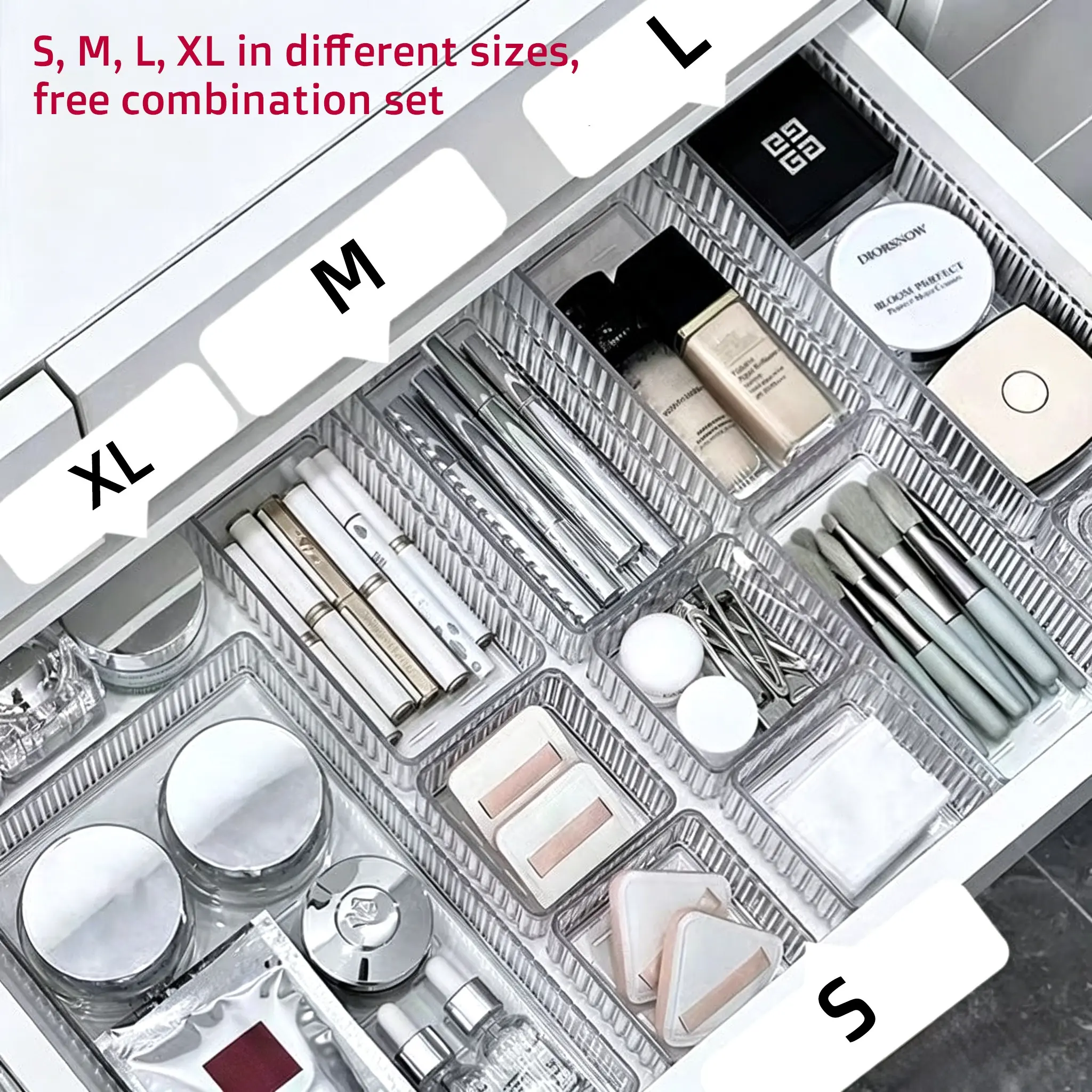 Transparent Crystal Makeup Organizer Set, Cosmetic Organiser Drawer Dividers & Desktop Storage Boxes, Office Supplies Organizers, Home Organization