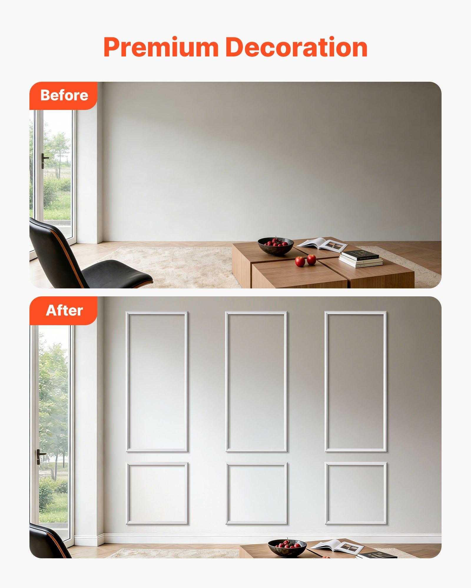 VEVOR Wall Molding 3 Pack, Wainscoting Panels Kit, Lightweight Paintable Polystyrene, Easy to Install, Waterproof Accent Wide Profile Trim for Interior Living Room, Bedroom,White (24x54 + 24x24 in)