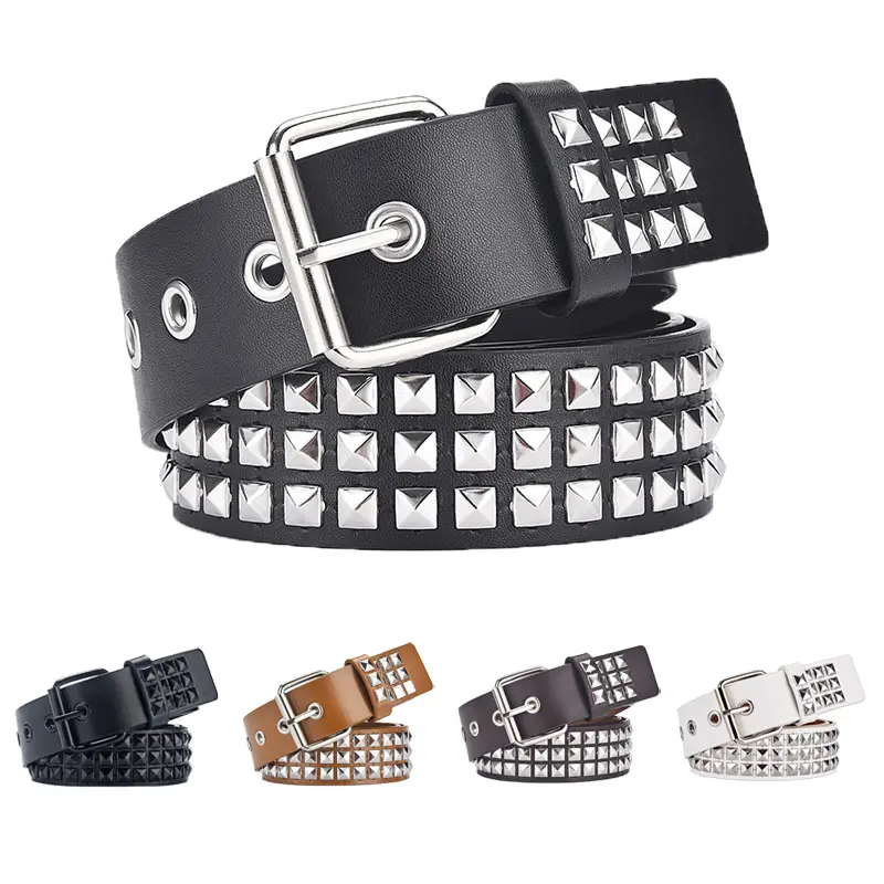 Fashion belt with square stud rivets, belt with metal pyramid buckle, unisex punk-style jeans belt, Y2K-style designer belt