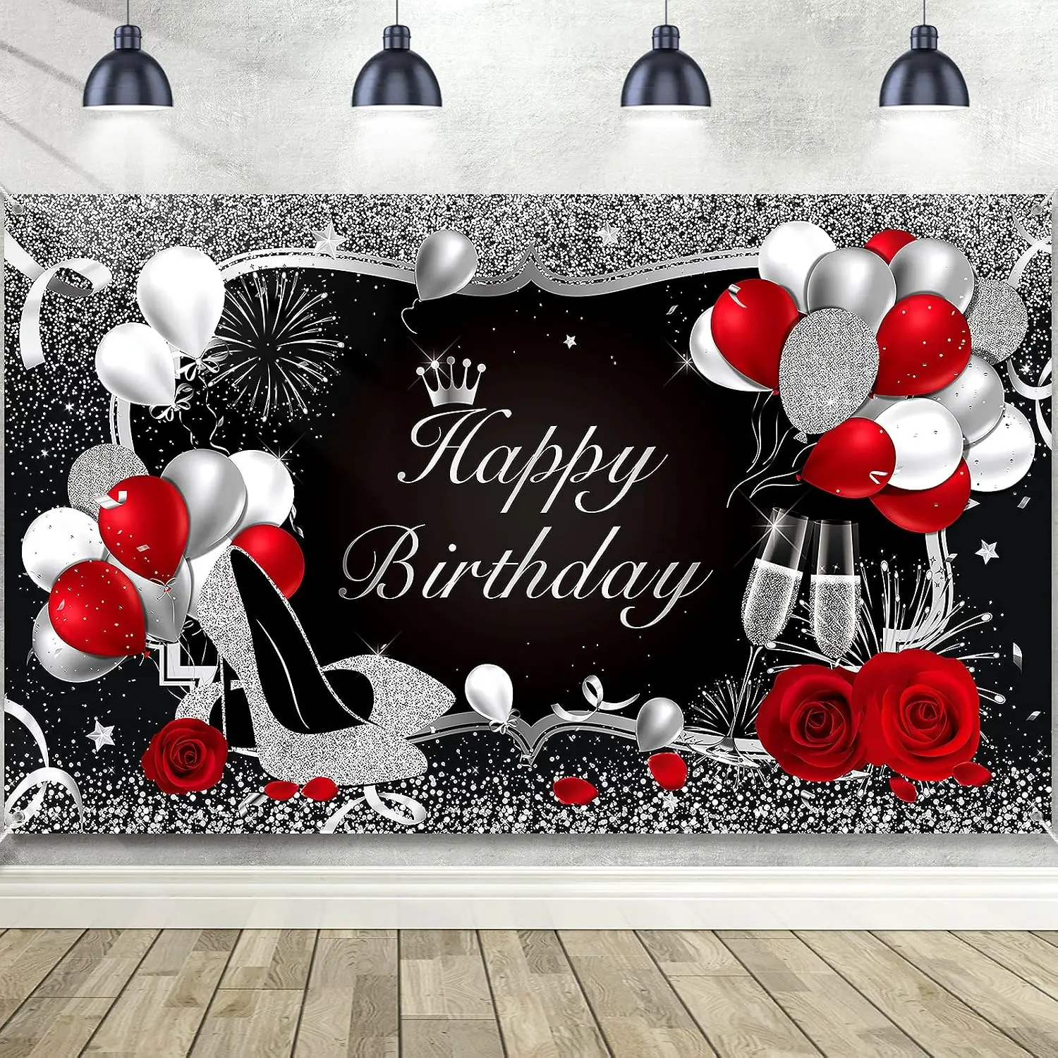 Happy Birthday Banner Red Birthday Backdrop Red Decoration for Women Men Black Banner for Party  Glitter Rose Flower Balloon High Heels Champagne Photography Background 72.8 x 43.3 Inch