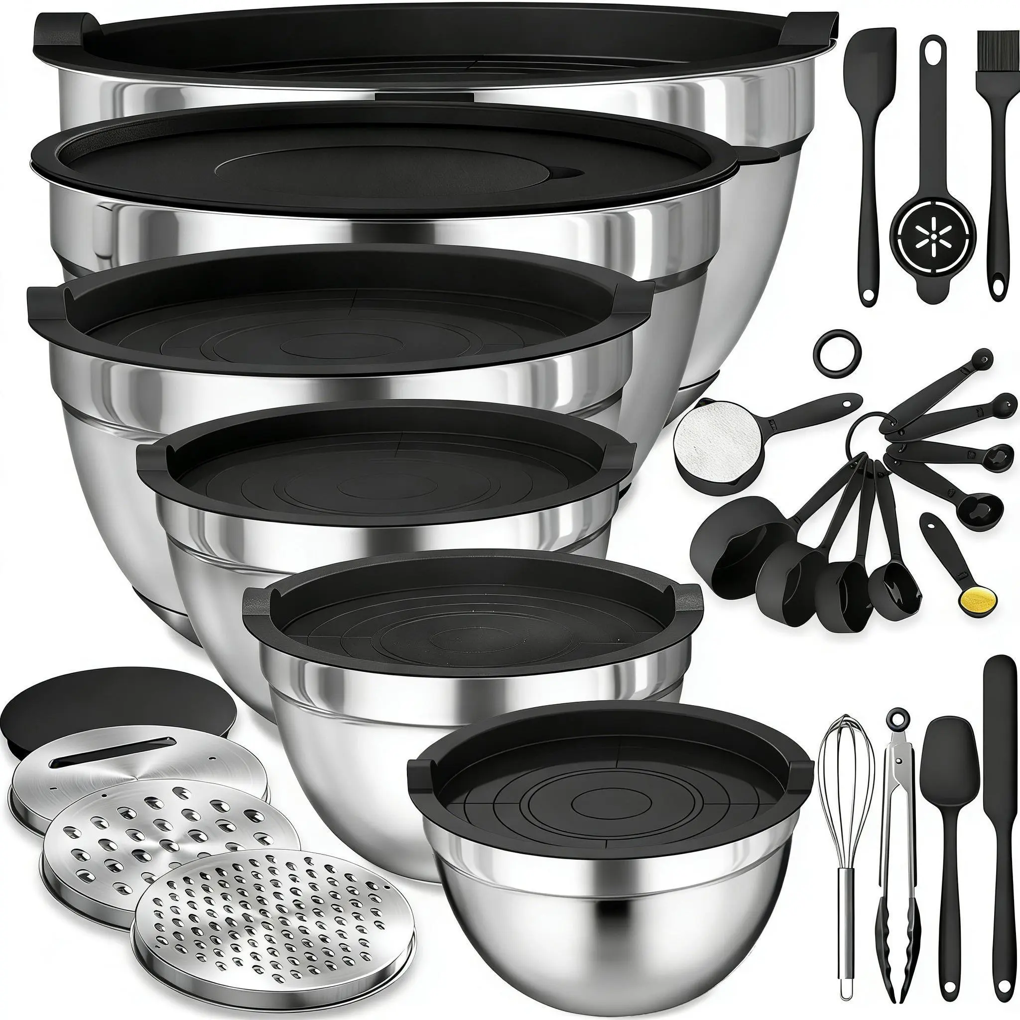 23-Piece Stainless Steel Mixing Bowls Set with Lids, Graters, Whisk & Spoons - Nesting, Stackable Kitchen Bakeware Essential for Mixing, Grating & Serving