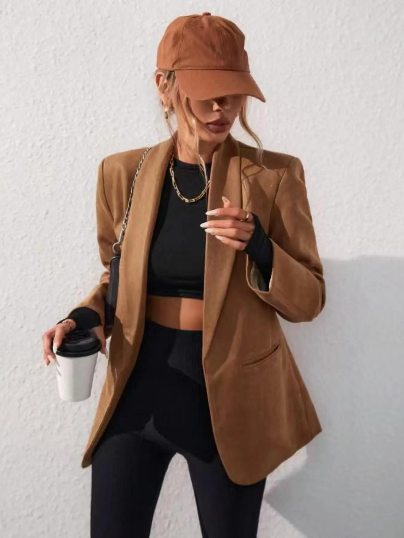 New Elegant Simple Lapel Long Sleeve Pocket Open Front Cardigan Coat, Daily Commute Casual Versatile Solid Color Outerwear