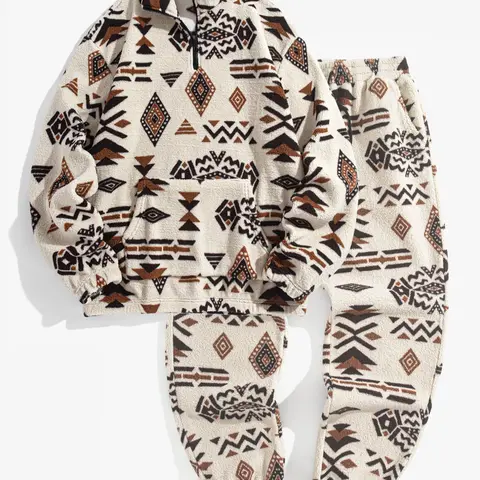 Men's Ethnic Pattern Zip Up Hooded Sweatshirt & Pants Two-piece Set, Casual Long Sleeve Collar Top & Pocket Trousers for Fall & Winter, Men's Two-piece Outfits for Daily Wear, Clothes, Casual Fashion Set