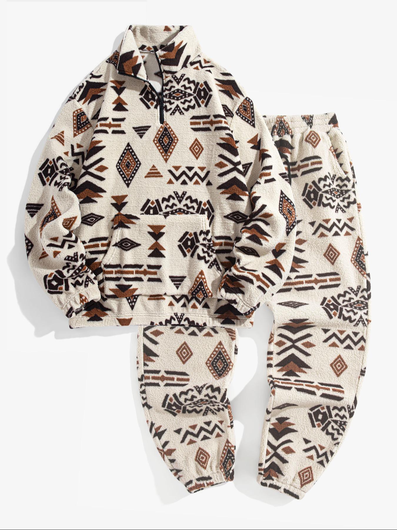 Men's Ethnic Pattern Zip Up Hooded Sweatshirt & Pants Two-piece Set, Casual Long Sleeve Collar Top & Pocket Trousers for Fall & Winter, Men's Two-piece Outfits for Daily Wear, Clothes