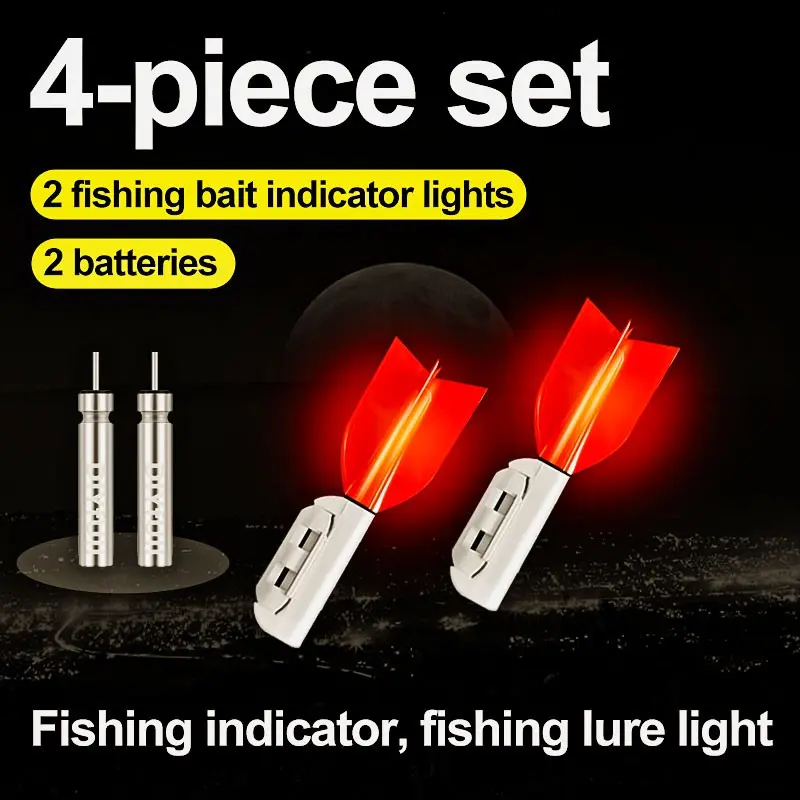 4-Piece Fishing Indicator Set, Night Vision LED Rod Tip Light, Battery Included, Fish Bite Alert, Angling Signal Device