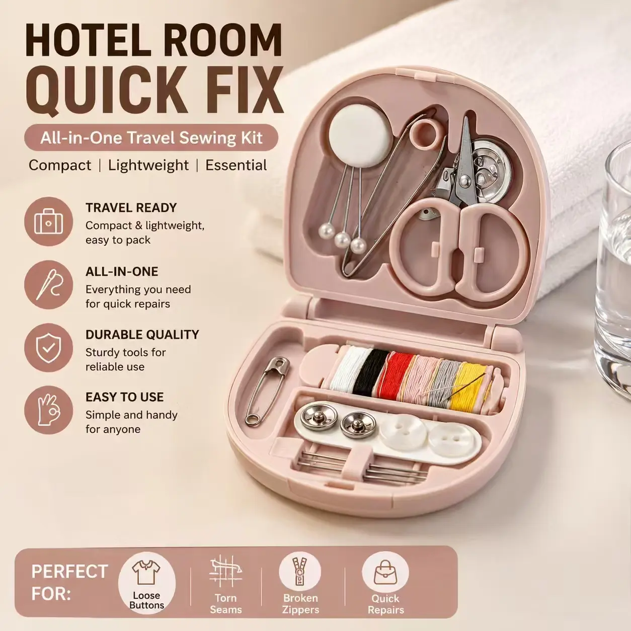 Mini Sewing Kit for Travel, Portable Sewing Supplies with Needles, Thread, Scissors, Pins & Buttons for Emergency Clothing Repair Sewing Tools