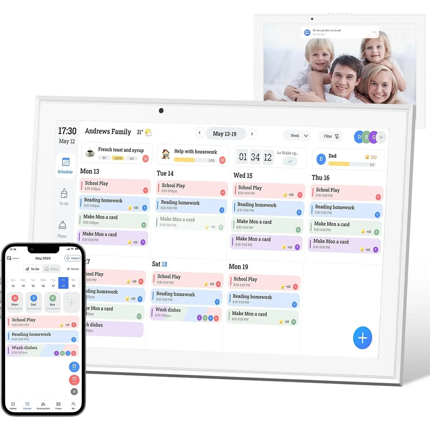 10.1" Digital Calendar &  Touchscreen Planner,  Calender with Chore Chart for Family Schedules & Meal Planning, Wall Mountable Digital Photo Frame, Gifts for Women Men (White)