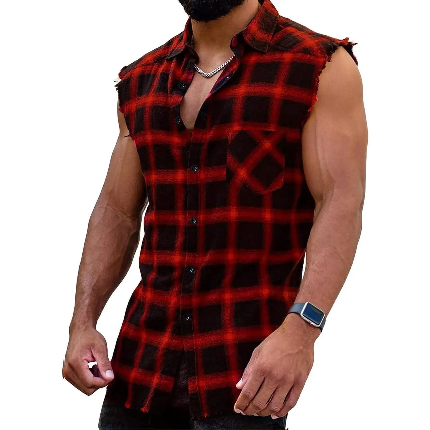 Men's Casual Sleeveless Flannel Plaid Button-Up Shirt Vest