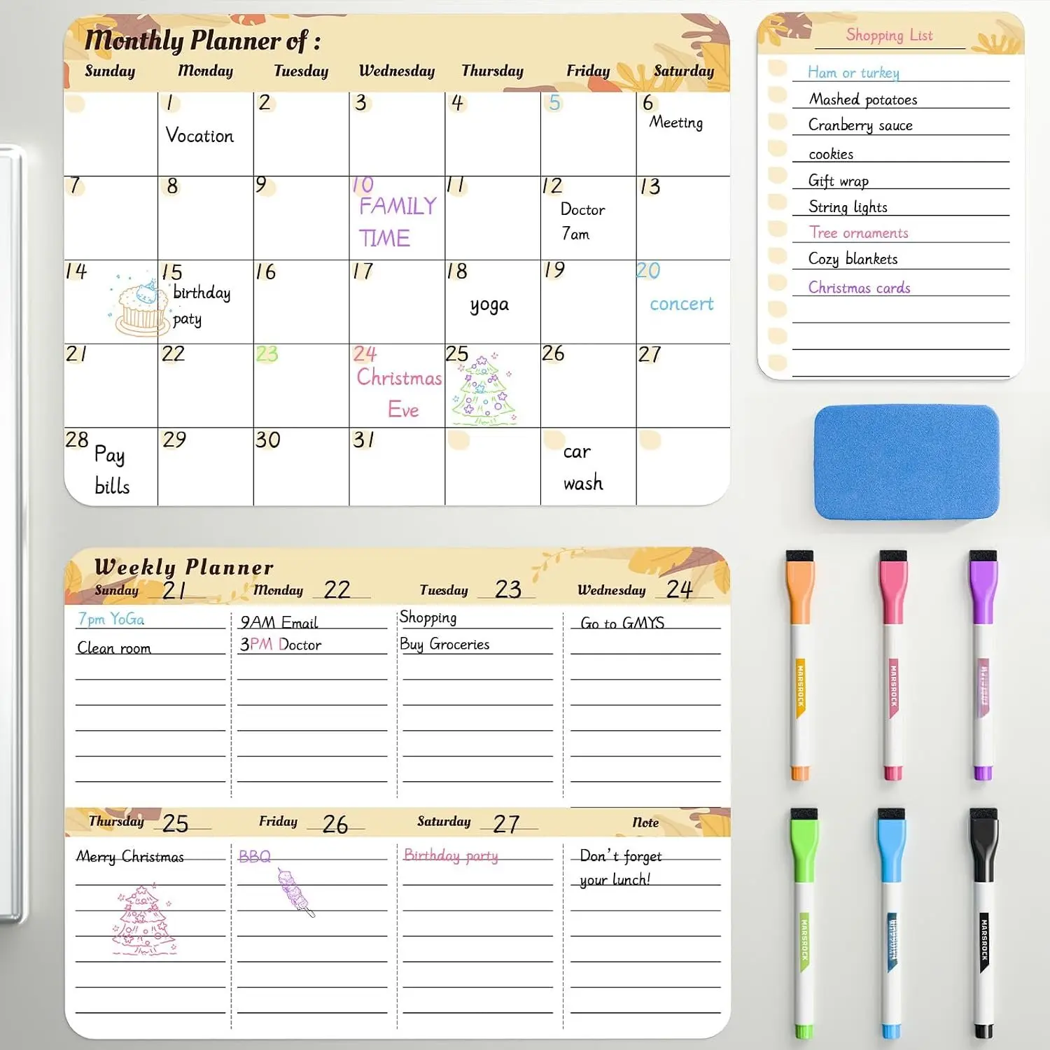 Dry Erase  Calendar for Refrigerator (3 Pack) - Monthly & Weekly & Daily Planner  Whiteboard for Fridge - Shopping, , Meal/Menu, Planning Board, 14"x11", Yellow