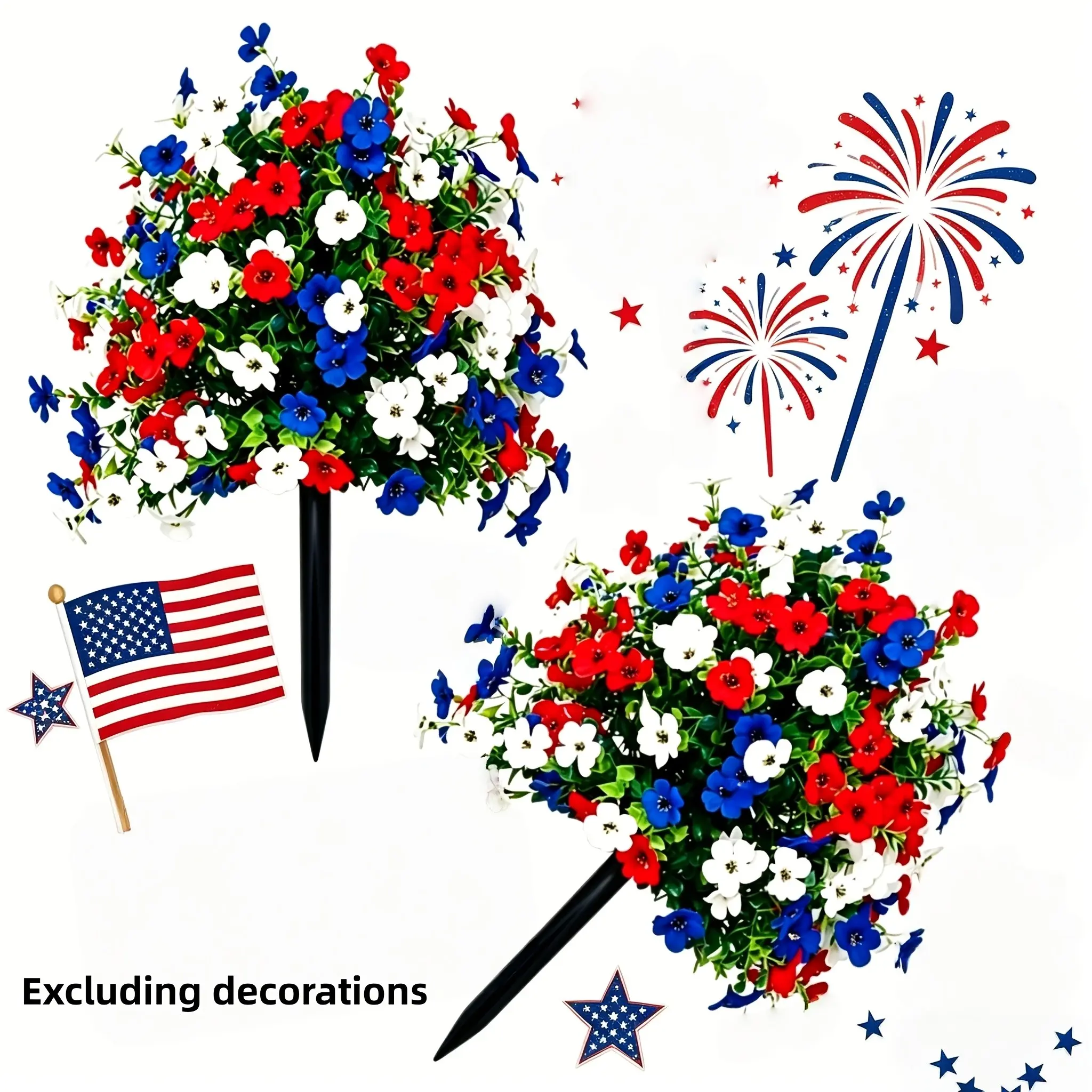 Blue Violet Artificial Flower Bouquet with Stake, UV-Resistant Fake Violets, Patriotic July 4th Decor, Outdoor Home Decoration