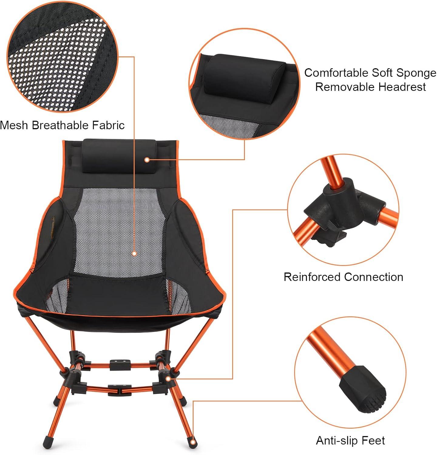 Folding Camp Chair High Back Lightweight Camping Chair with Removable Pillow, Side Pocket & Carry Bag, Compact & Heavy Duty 385lbs for Outdoor Hiking Backpacking Beach Picnic Travel