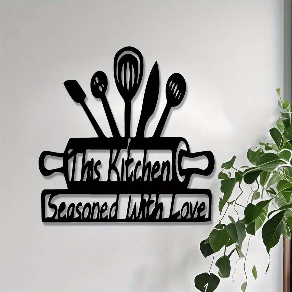 1 piece of retro black metal wall art - "This Kitchen Seasoning with Love" decorative ornament, made of iron, suitable for families and gardens, perfect as a stay in gift, Christmas decoration