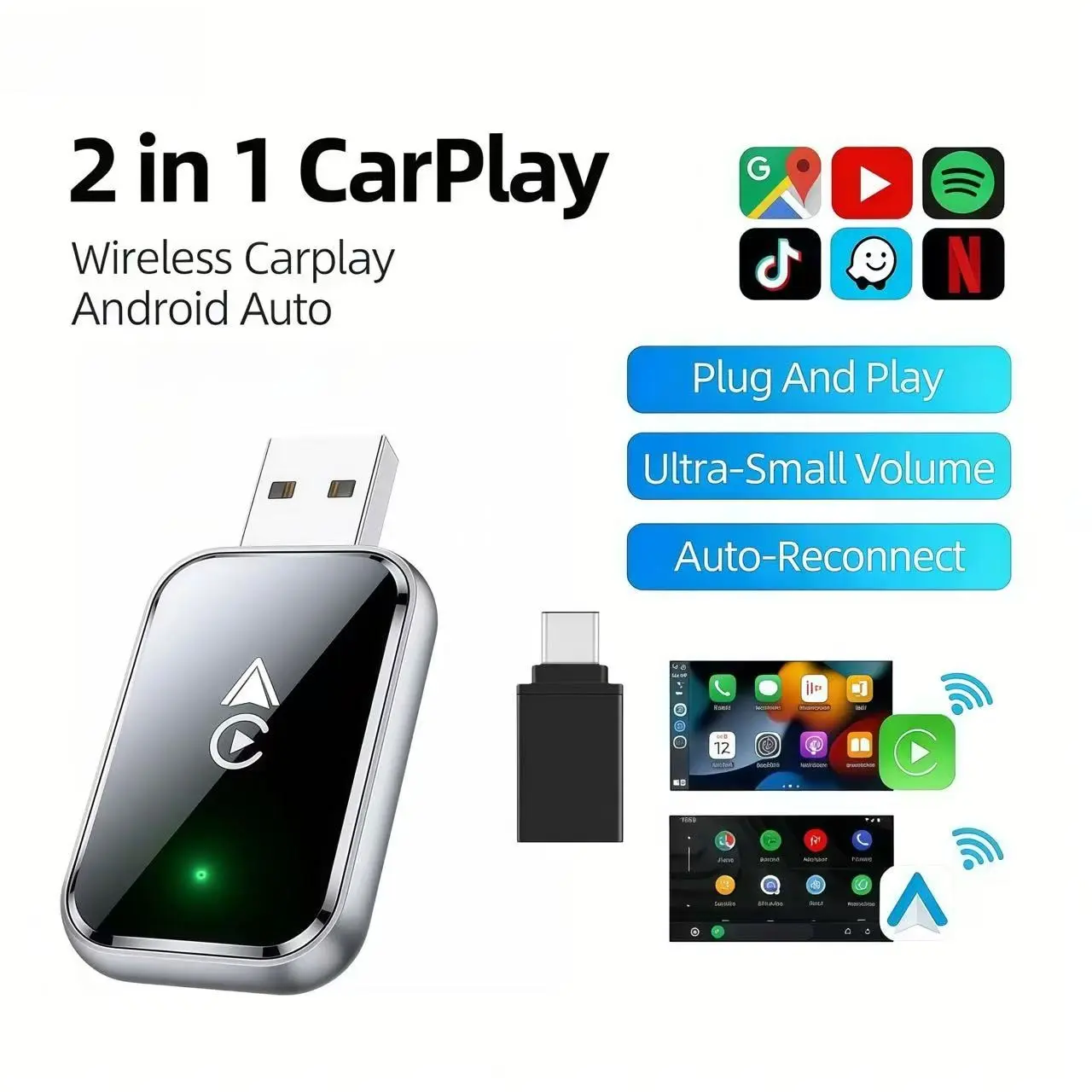 Two-In-One Wireless Carplay & Android Auto Adapter, Car Connectivity Adapter, Plug-And-Play, Fast Automatic Connection, Compact Design, USB/USB-C Interface