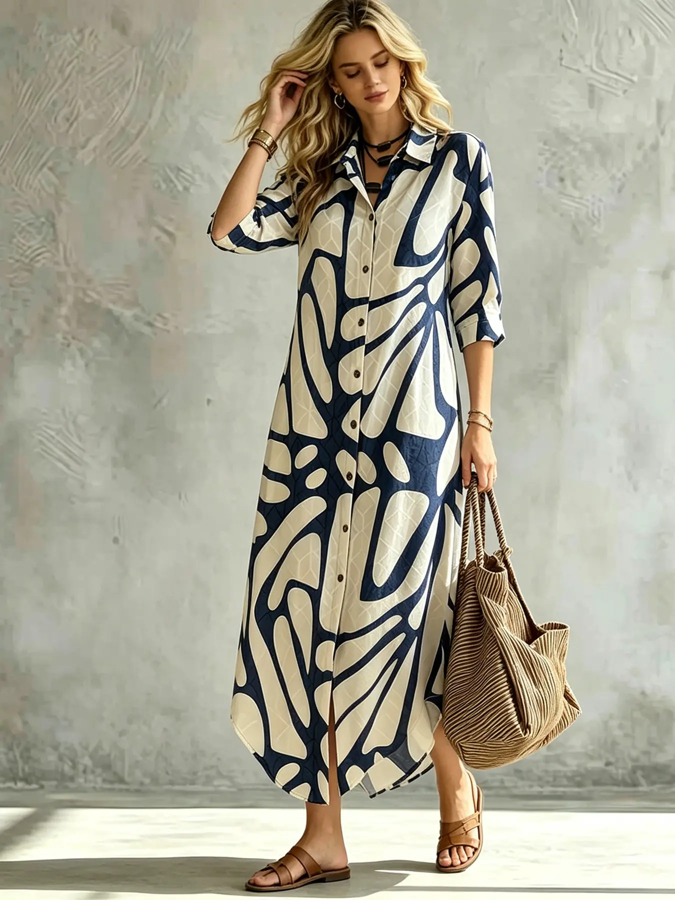 A women's blue beige geometric printed mid sleeved shirt dress with a loose straight fit, Fashion printed pattern, Casual Wear suitable for commuting, shopping, outdoor and indoor activities