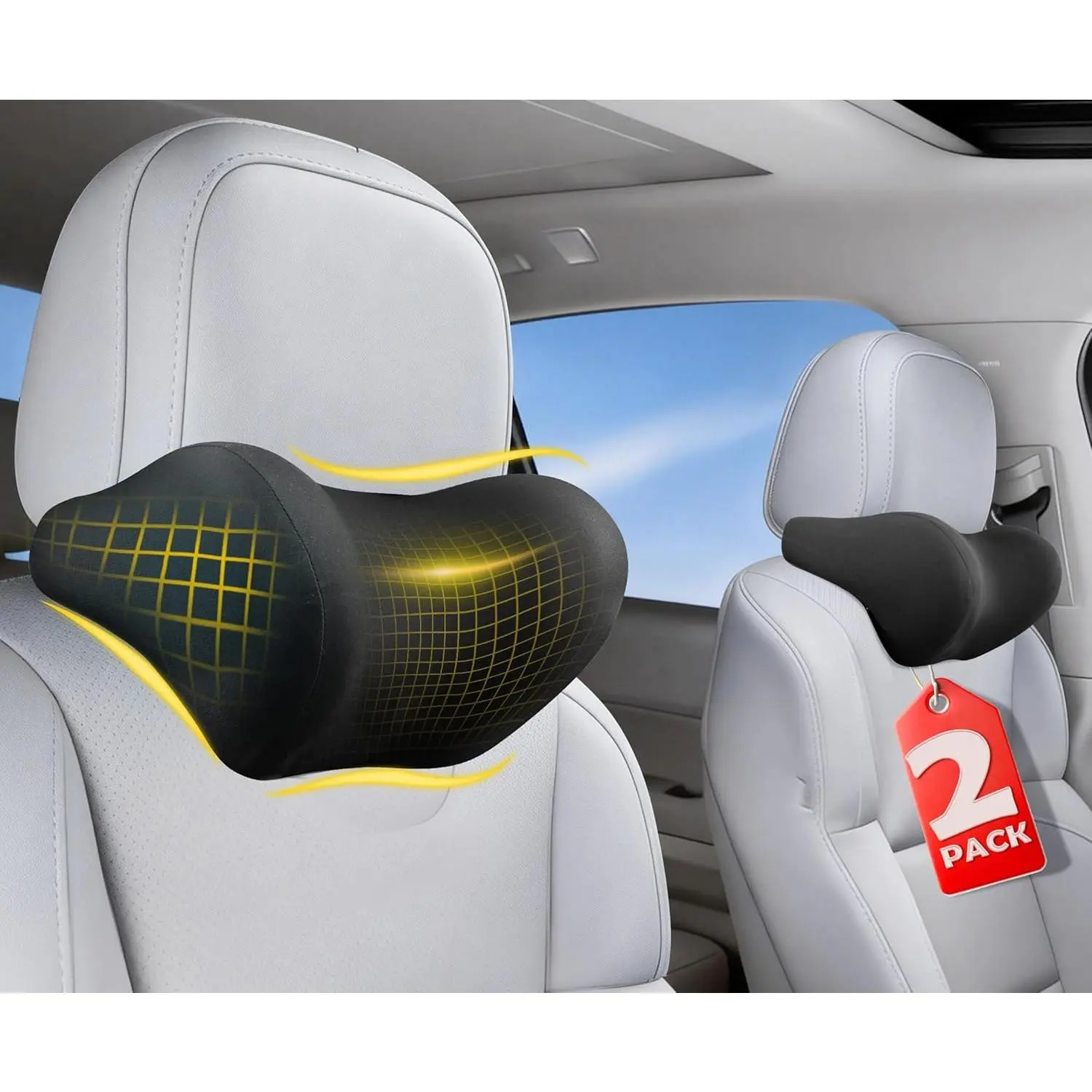 2-Pack Car Neck Pillow: Ergonomic Memory Foam Car Headrest Pillow, Neck Support Pillow for Long Drives, Headrest Support Cushion for Pain Relief, Universal Fit for Cars, SUVs & Trucks – Black