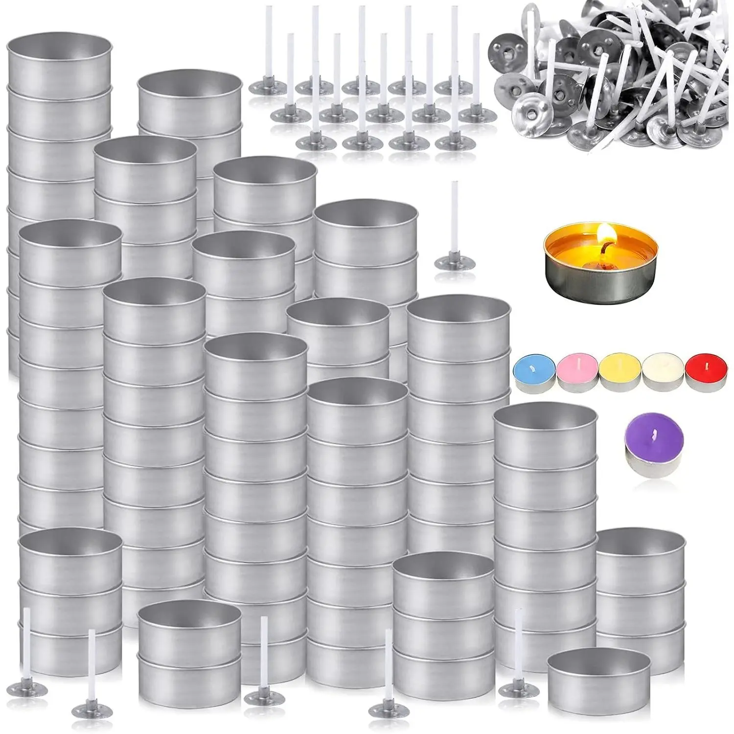 100 Pcs Aluminum Empty Tea Lights Cups, Metal Tea Light Tins Candle Wax Containers, with 100 Pcs Candle Wicks Packaged in Carton Box, Candle Mold for DIY Candles Making Supplies
