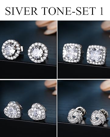 4 Pairs Trendy Sterling Silver CZ Stud Earrings for Women 14K Gold Plated Brilliant Celtic Heart Big Stud Earrings Set Cubic Zirconia Earrings Studs for Sensitive Ear