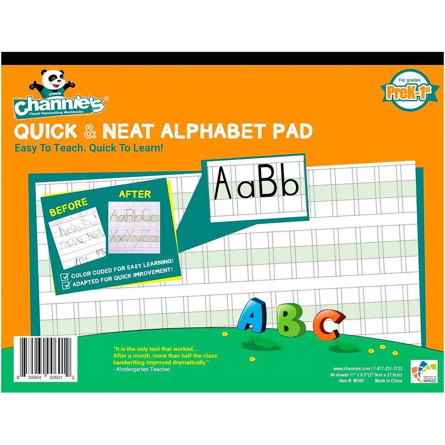 Channie’s Quick & Neat Alphabet Writing Pad, Practice Handwriting, 80 Pages Front & , 40 Sheets, Pre  Books & First Grade Workbook, Homeschool Learning Supplies, Size 8.5” x 11”