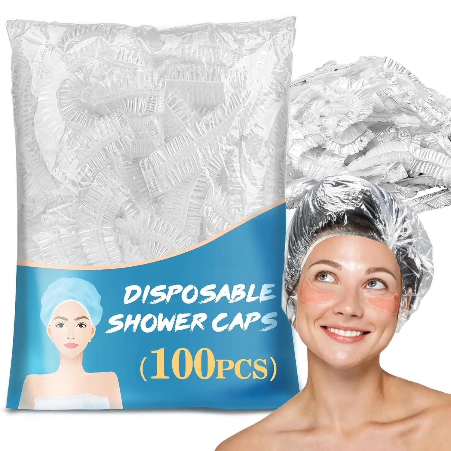 100 Disposable Shower Caps Large - Thickened Clear Plastic Hair Cap |   Hair Cover, Long Hair  Deep Conditioning, Women/Men Essential for Bath, Hair Dye, Travel, 20.5"