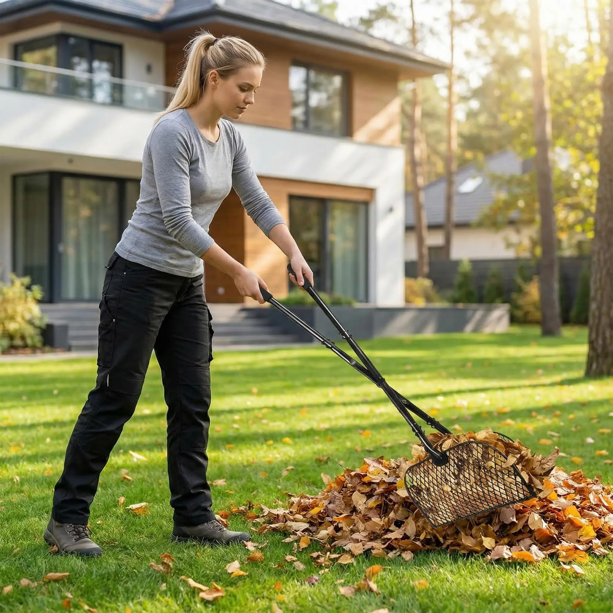 IdealHouse Heavy Duty Metal Leaf Grabber Rake Set – 2 Pack Telescopic Long Handle – Durable Garden Shovel for Efficient Lawn, Patio & Yard Waste Pickup