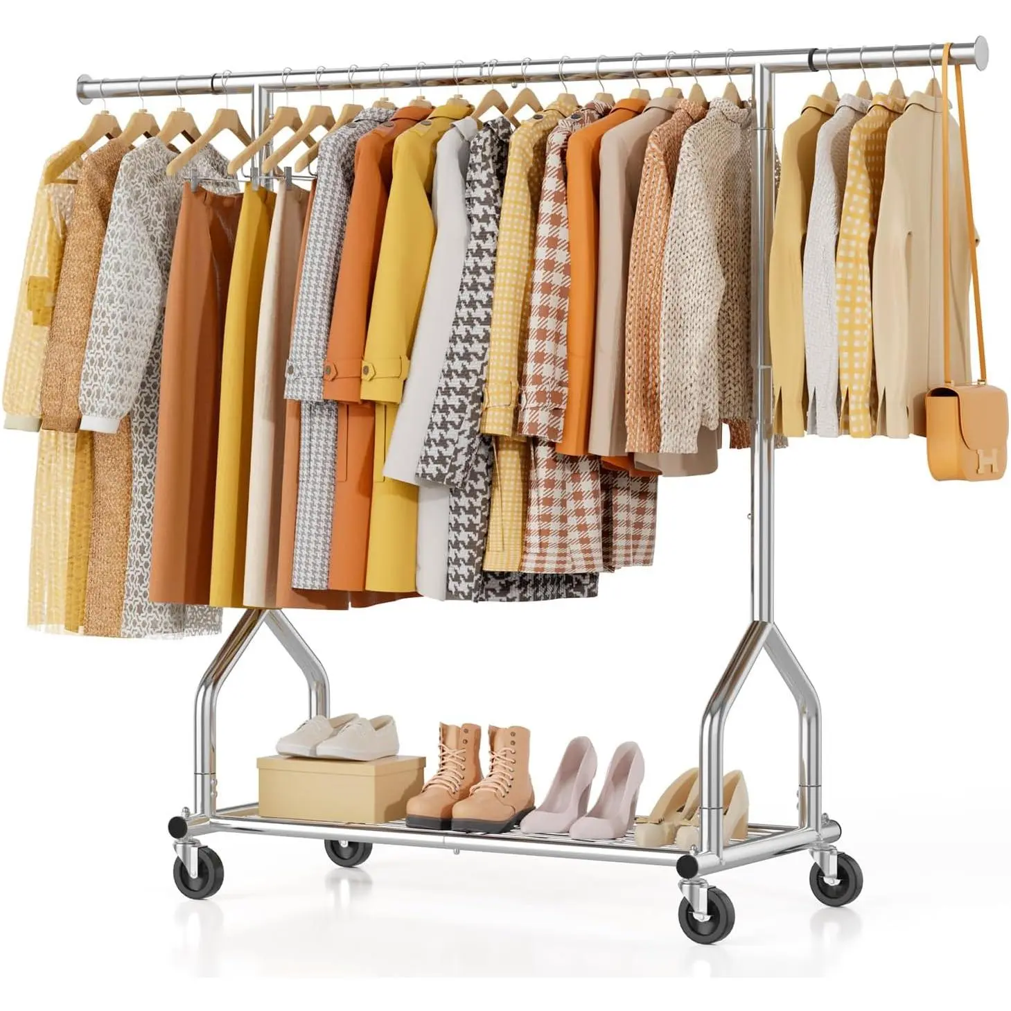 Heavy Duty Clothes Rack Load 424 LBS, Rolling Clothing Rack With Shelves, Adjustable Metal Clothes Hanger with Wheels, Portable Wardrobe Organizer Garment Rod for  Clothes ()