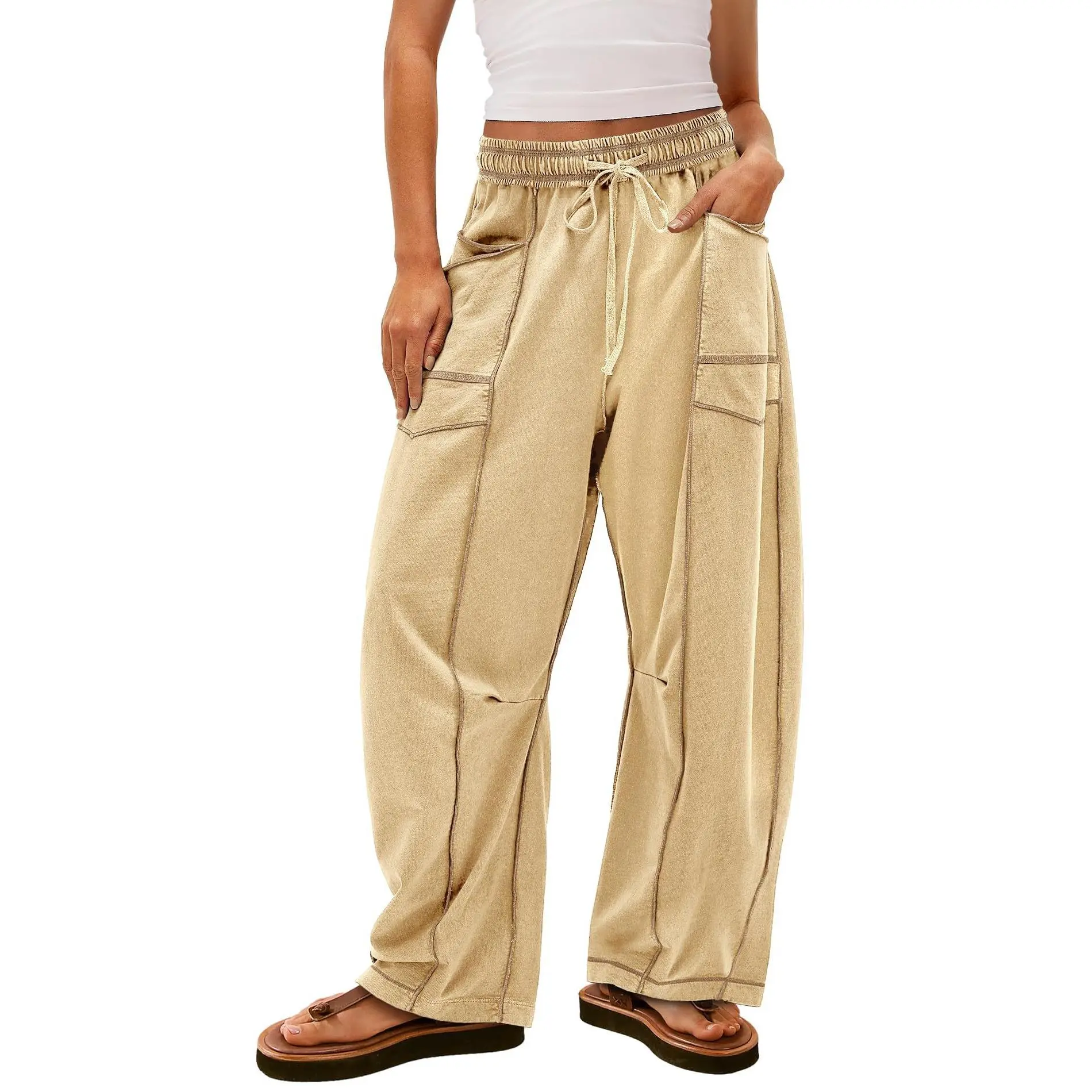 Women's High-Waisted Baggy Sweatpants with Contrast Stitch, Wide Leg, Pockets, Drawstring Waist, Soft Fabric for Daily Wear, Female Sporty Chic Active Bottoms, Everyday Active, Sporty Sports Bottoms