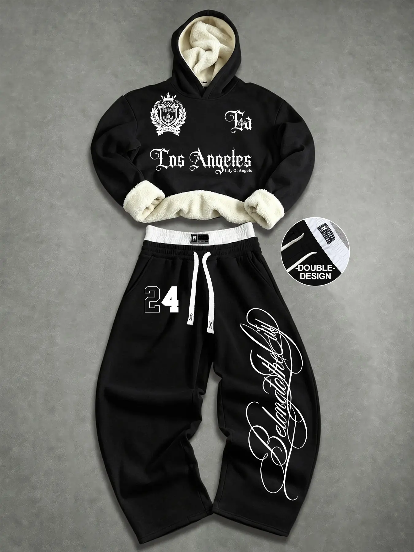Cozy Thick Fleece-Lined Cropped Hoodie & Wide-Leg Joggers Matching Set - Y2K Vintage Graphic Tracksuit (Must-Have Fall/Winter Outfit)