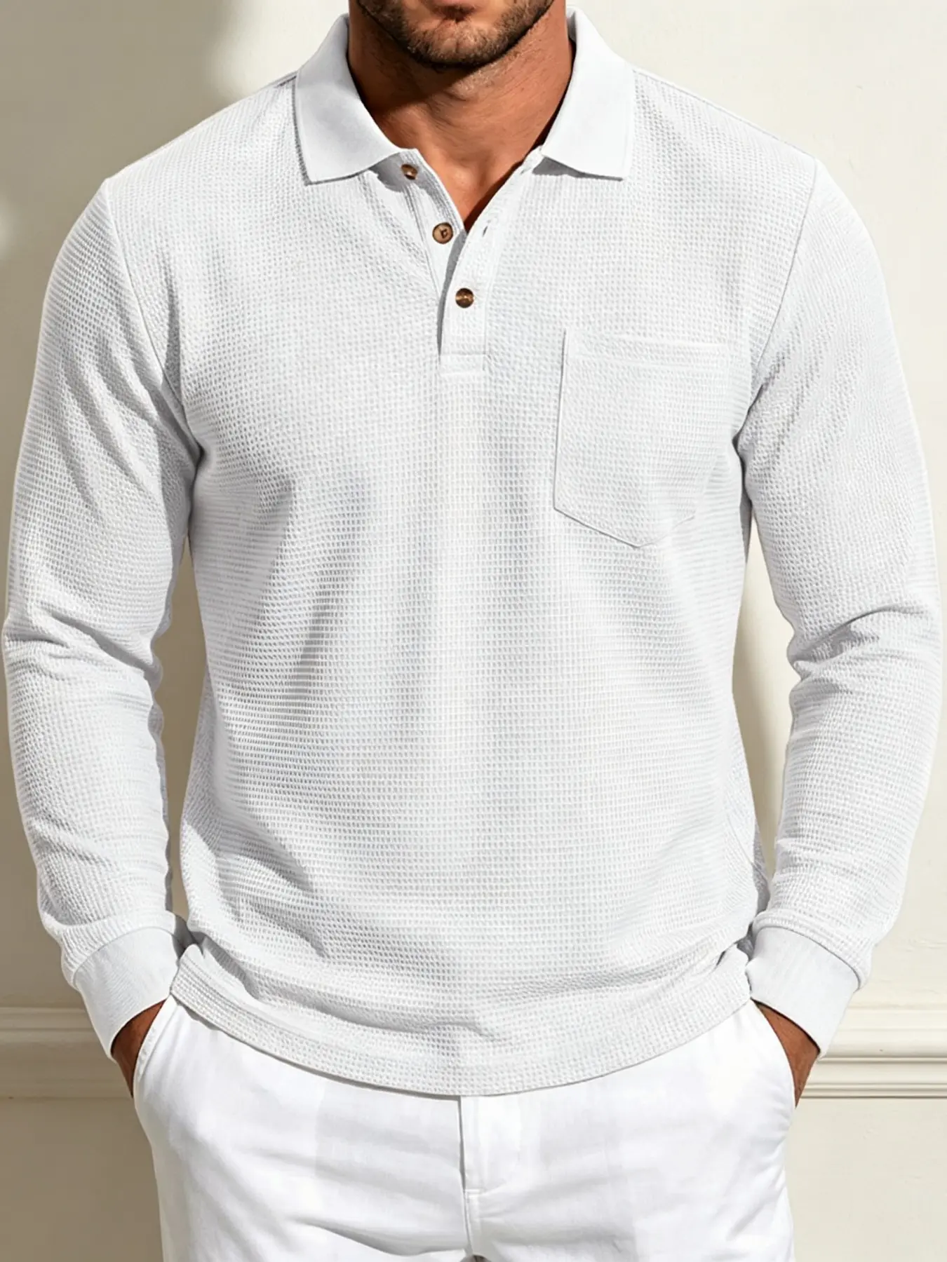 Men's Waffle Knit Textured Lapel Collar Long Sleeve Polo Sweatshirt, Polo Shirts, Vintage Breathable Loose Pullover Top, Wrinkle Resistant Versatile Casual Men's Blouse, Ideal for Commute, Street & Daily Outfits, Multiple Colors & Plus Sizes Available