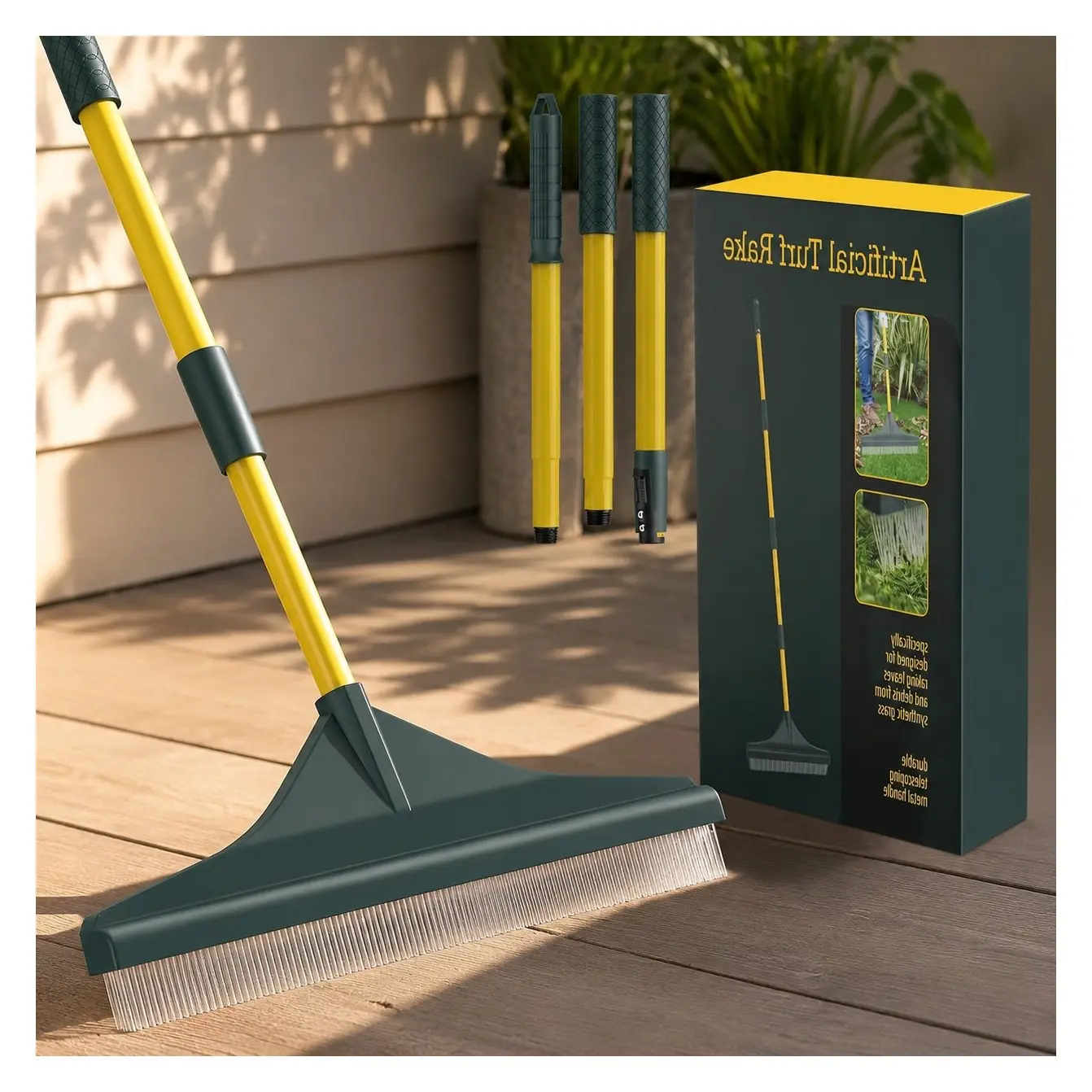 Artificial Turf Rake with Steel Telescopic Handle, 32 to 55 Inch 3-Piece Pole Easy Storage Design, Garden Hand Boom Rake for Artificial Grass, Carpet Pet Hair, Lawn Leaves and Debris Removal, YellowGift
