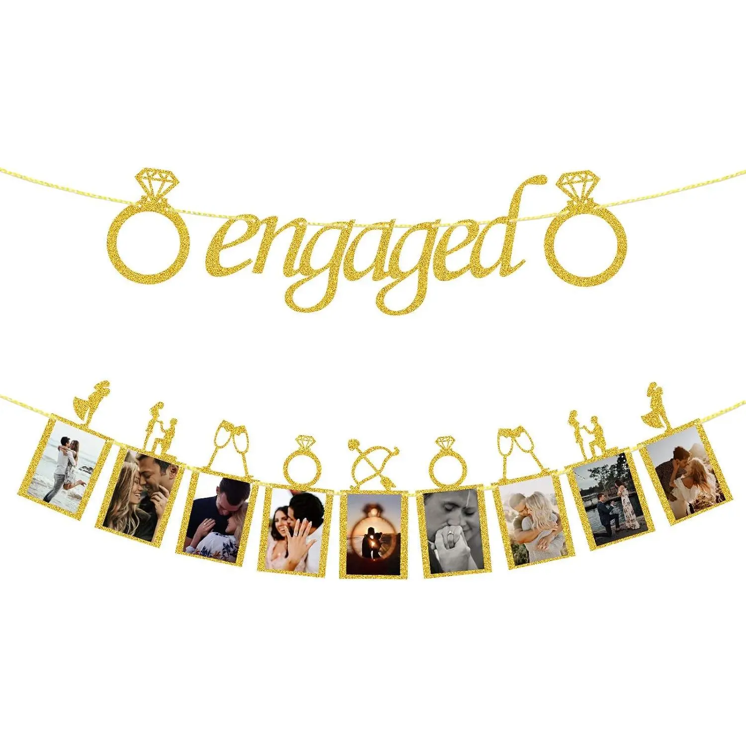 Engagement Wedding Decorations,  Engaged Banner and Photo Banner with Romantic Memories Picture Card Frames for Engaged/Wedding/Anniversary/Valentines Day Party