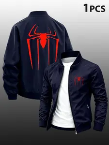 Men's Spider Print Lapel Sport Jacket, Fitted Design, Zipper Closure, Casual Outerwear, Perfect for T-Shirt, Sweatshirt, Sweater
