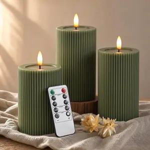 Ribbed Fluted Real Wax Flameless LED Pillar Candles, Loden Sage Olive Green, Melted-Wax Top Look, Flickering Flame, Battery Operated, Remote & Timer, Shelf & Wedding Decor (Set of 3)