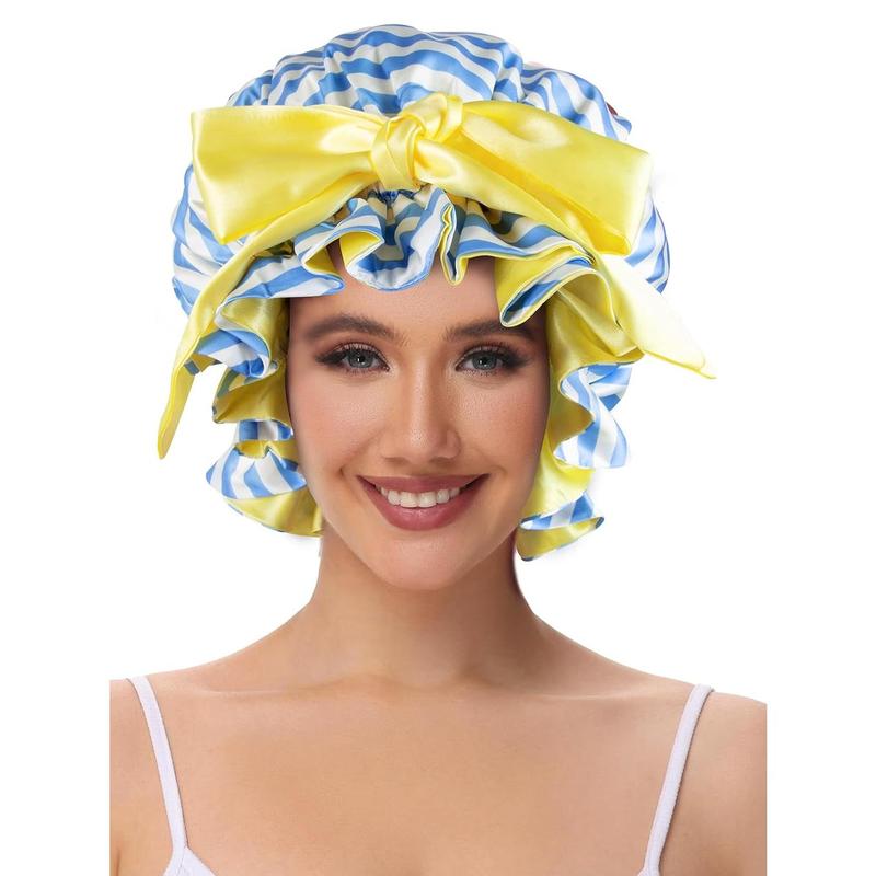 Silk Bonnet, Satin Hair Shower Cap for Sleeping Women 2025 Tie Band Adjustable Straps  Wrap for Curly Hair Blue Stripe F