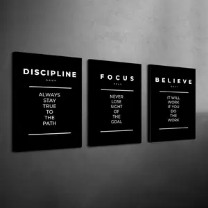 3pcs Set Stretched Canvas Wall Art, Inspirational Discipline, Focus, Believe Typography Posters, Motivational Quote Print, Quote Canvas Print, Ready to Hang Framed Prints for Office and Bedroom Decor (Internal Wood Frame Included)