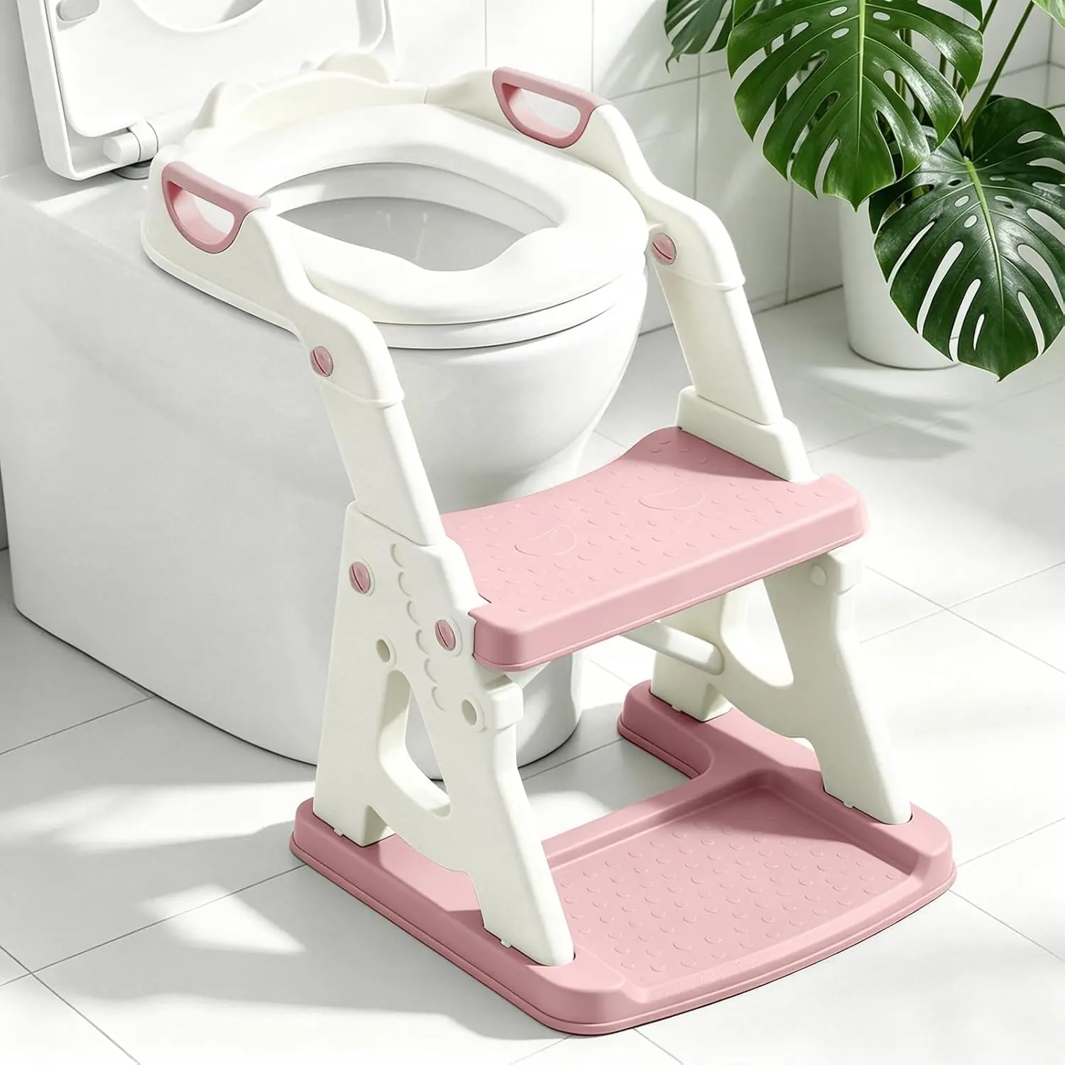 Potty Training Toilet Seat, Stable Potty Training Seat with Step Stool, 2 in 1 Toddler Toilet Seat with Steps for Kids Boys Girls, Toddler Potty Seat with Ladder, Splash Guard, Anti-Slip Pads (Pink)