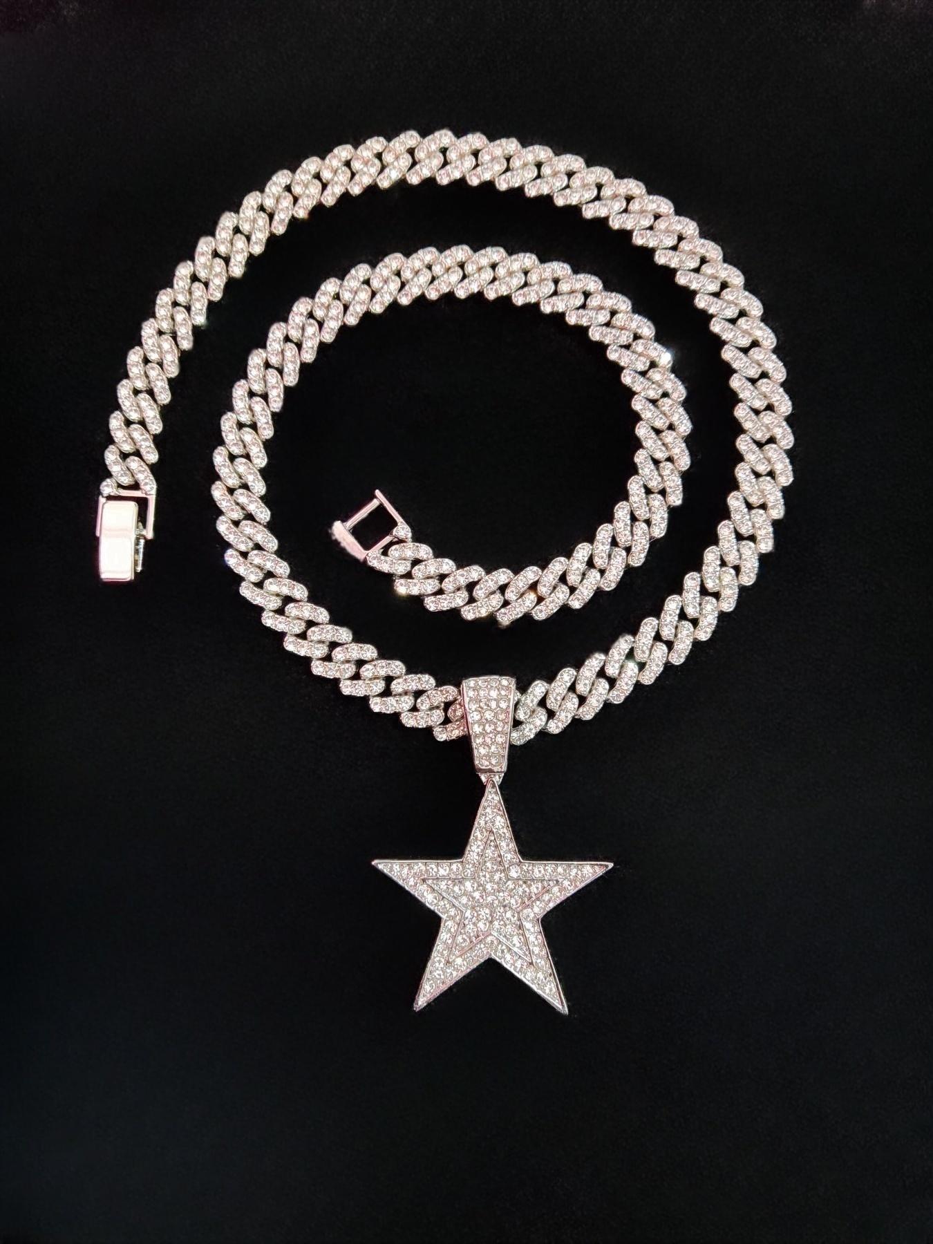 Star Shaped Pendant & 9mm Miami Cuban Link Design Chain Necklace, Fashionable Punk Style Jewelry for Party, Daily Decor, Trendy All-match & Exquisite Jewelry for Birthday Gift